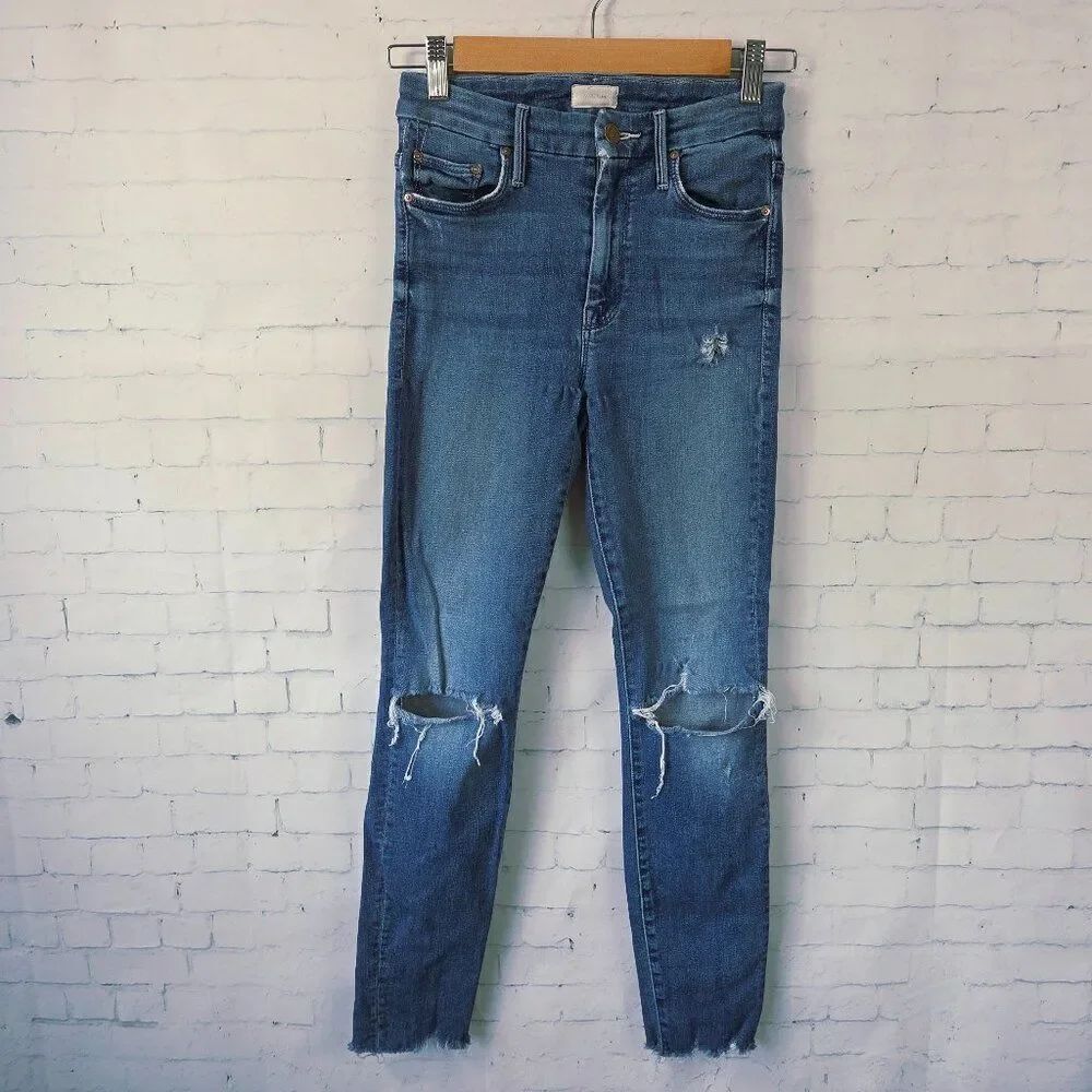 Mother High Waisted Looker Ankle Fray Jeans Size 24 Get Your Groove Back Blue